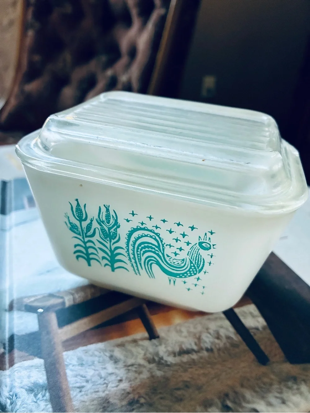 Pyrex White Milk Glass Covered 1 cup  with Teal Rooster Design
